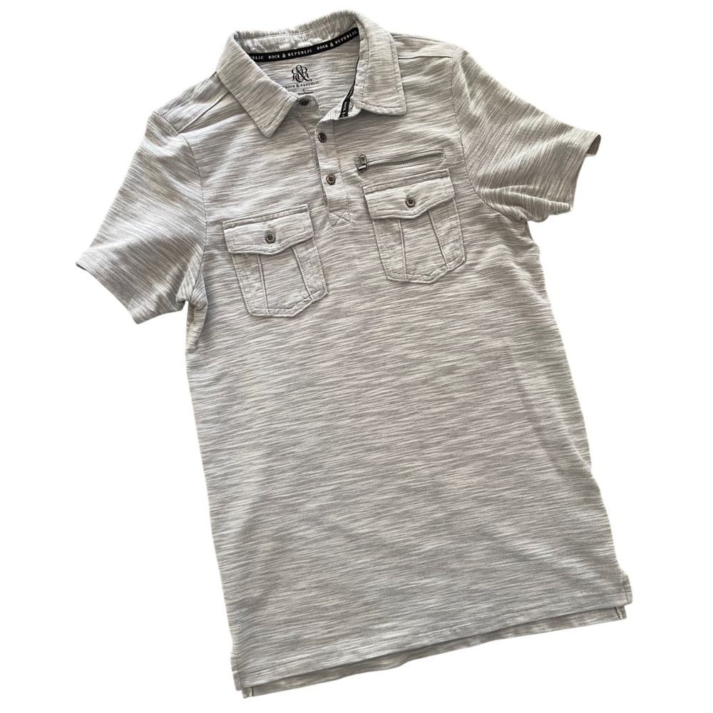 Rock & Republic Space Dye Utility Pocket Polo‎ Shirt Mens Small Gray White